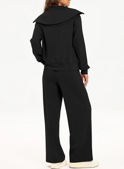 Women's Half Long-sleeve Zipper Top Elastic Waist Wide Leg Trousers Two-piece Set