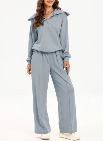 Women's Half Long-sleeve Zipper Top Elastic Waist Wide Leg Trousers Two-piece Set