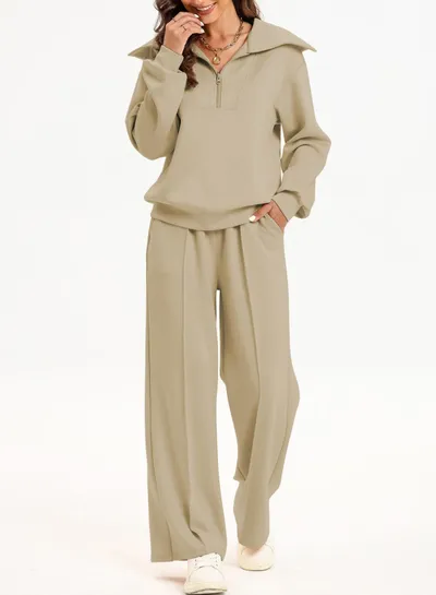 Women's Half Long-sleeve Zipper Top Elastic Waist Wide Leg Trousers Two-piece Set