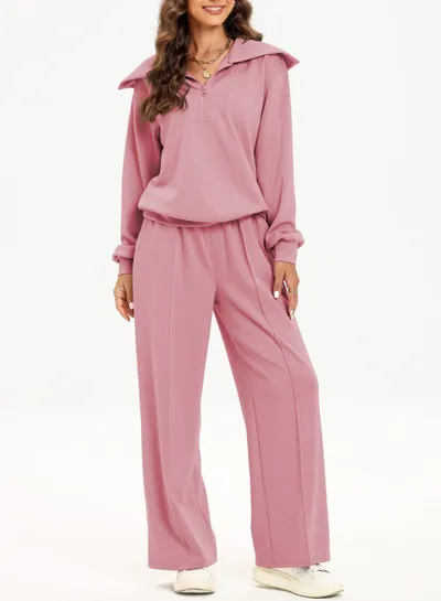 Women's Half Long-sleeve Zipper Top Elastic Waist Wide Leg Trousers Two-piece Set