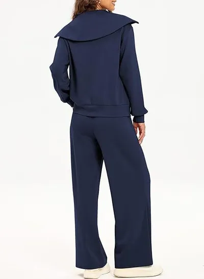 Women's Half Long-sleeve Zipper Top Elastic Waist Wide Leg Trousers Two-piece Set