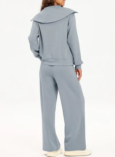 Women's Half Long-sleeve Zipper Top Elastic Waist Wide Leg Trousers Two-piece Set