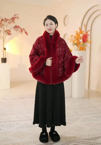 Sequined Fur Collar Knitted Inverness Women