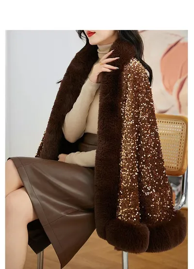 Sequined Fur Collar Knitted Inverness Women