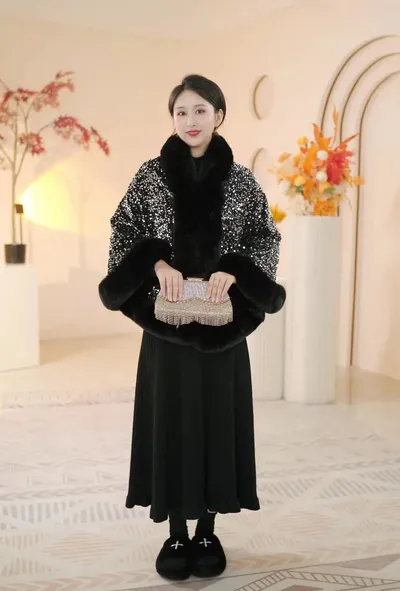 Sequined Fur Collar Knitted Inverness Women