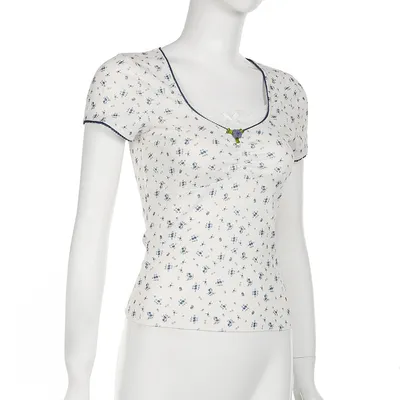 Lace Stitching Square Collar Pleated Bow Short Sleeve T-shirt