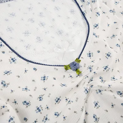 Lace Stitching Square Collar Pleated Bow Short Sleeve T-shirt