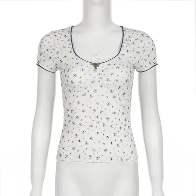 Lace Stitching Square Collar Pleated Bow Short Sleeve T-shirt