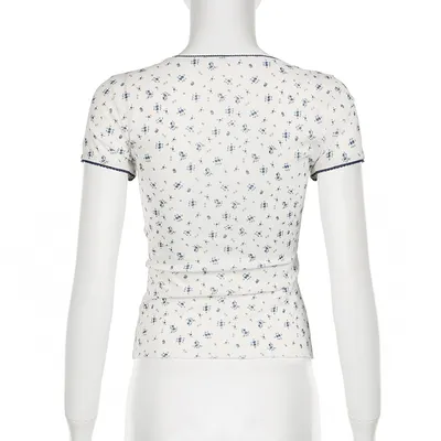 Lace Stitching Square Collar Pleated Bow Short Sleeve T-shirt