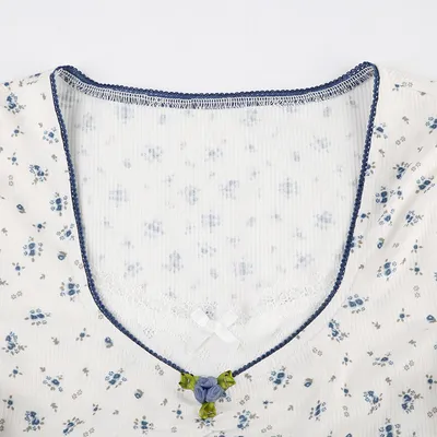 Lace Stitching Square Collar Pleated Bow Short Sleeve T-shirt