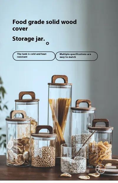 Japanese-style Kitchen Coarse Cereals Glass Sealed Storage Tank Large Capacity More Sizes Solid Wood Cover