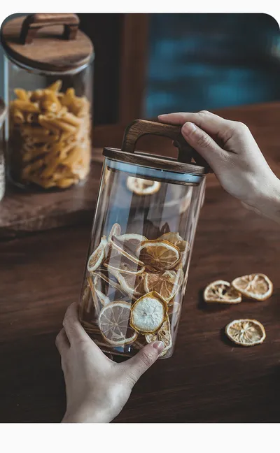 Japanese-style Kitchen Coarse Cereals Glass Sealed Storage Tank Large Capacity More Sizes Solid Wood Cover
