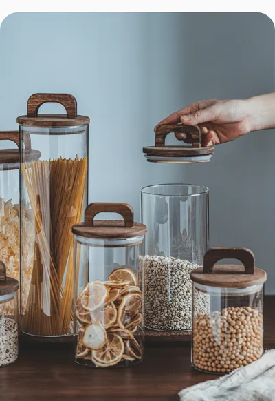Japanese-style Kitchen Coarse Cereals Glass Sealed Storage Tank Large Capacity More Sizes Solid Wood Cover