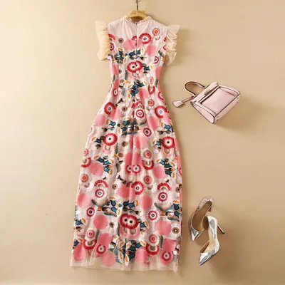 Circle Embroidered Mesh Fashion Dress Women