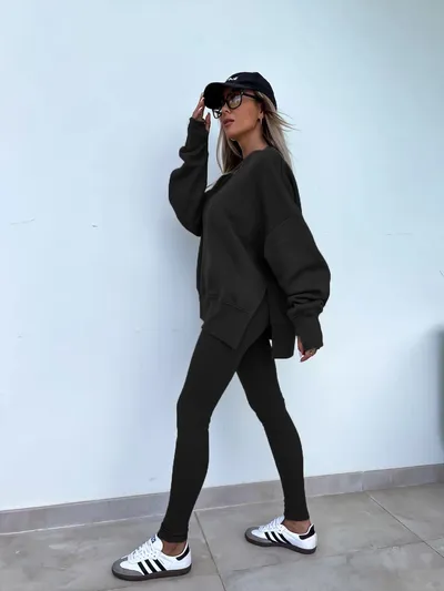 Sweater Suit Women's Casual Loose Long Sleeve Crew Neck Split Top Tight Trousers