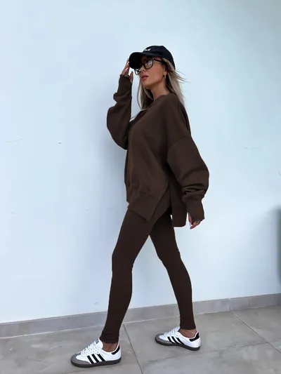 Sweater Suit Women's Casual Loose Long Sleeve Crew Neck Split Top Tight Trousers