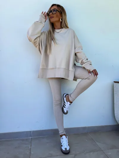Sweater Suit Women's Casual Loose Long Sleeve Crew Neck Split Top Tight Trousers