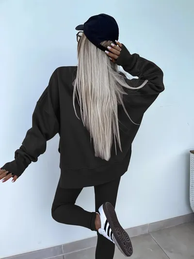 Sweater Suit Women's Casual Loose Long Sleeve Crew Neck Split Top Tight Trousers
