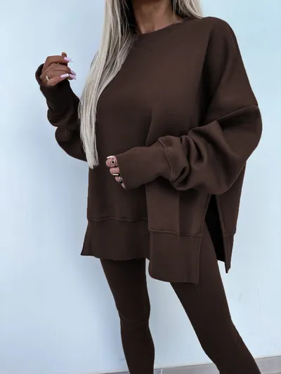 Sweater Suit Women's Casual Loose Long Sleeve Crew Neck Split Top Tight Trousers
