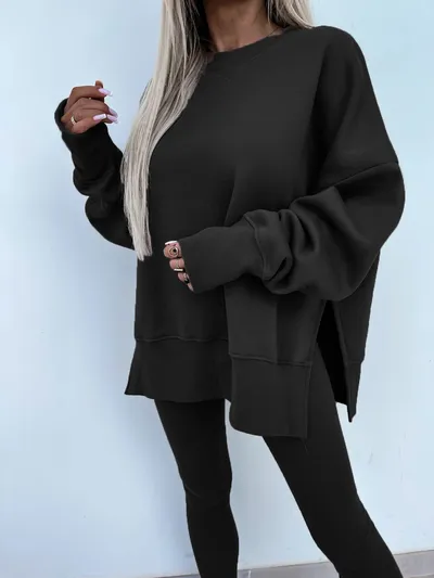 Sweater Suit Women's Casual Loose Long Sleeve Crew Neck Split Top Tight Trousers