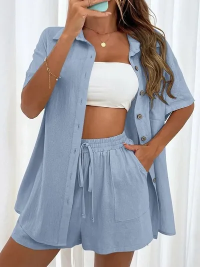 Women's Fashion Shorts Two Pieces Solid Color Shirt Suit