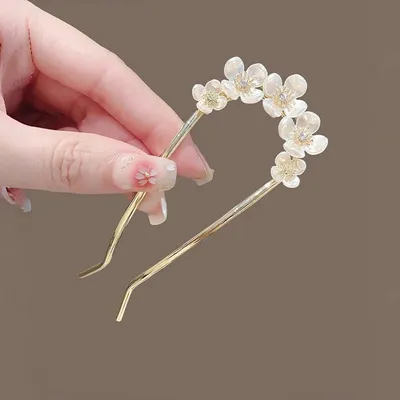 دبوس شعر أنيق وراقي على شكل حرف U مزين بزهرة لؤلؤية، تصميم عصري بسيط