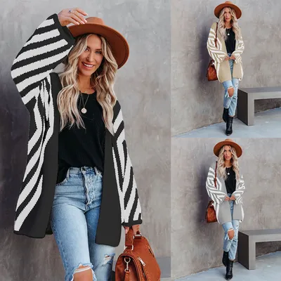 Women's Clothing V-neck Color-block Striped Loose Oversized Cardigan