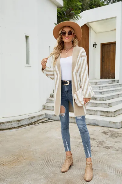 Women's Clothing V-neck Color-block Striped Loose Oversized Cardigan