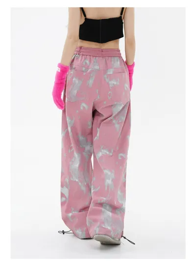 Special Craft Contrast Color Abstract Embroidered Loose Casual Dopamine Wide Leg Trousers