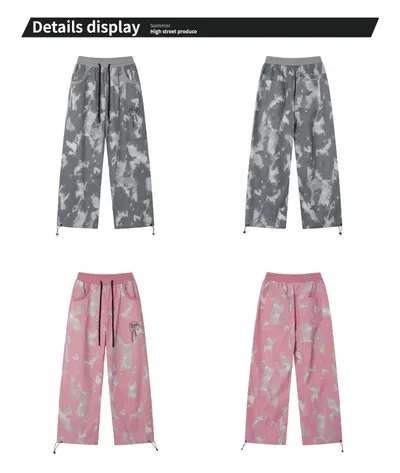 Special Craft Contrast Color Abstract Embroidered Loose Casual Dopamine Wide Leg Trousers