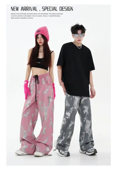 Special Craft Contrast Color Abstract Embroidered Loose Casual Dopamine Wide Leg Trousers