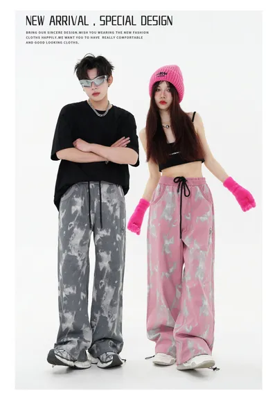 Special Craft Contrast Color Abstract Embroidered Loose Casual Dopamine Wide Leg Trousers