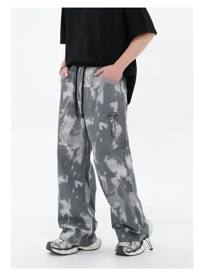 Special Craft Contrast Color Abstract Embroidered Loose Casual Dopamine Wide Leg Trousers