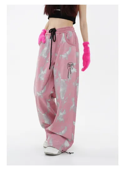 Special Craft Contrast Color Abstract Embroidered Loose Casual Dopamine Wide Leg Trousers