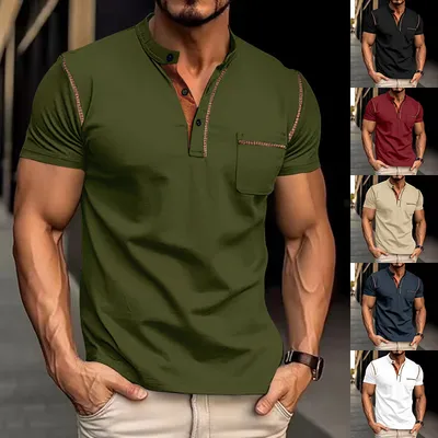 Men's Short Sleeve Polo Shirt Henry T-shirts - Casual Summer Quick Dry Top - Breathable Cotton Blend Knit Tee Sports Street Fashion Top