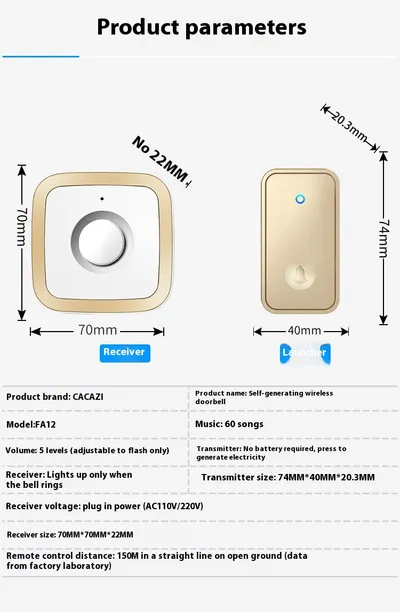 Battery-free Wireless Doorbell Home Villa Long Distance