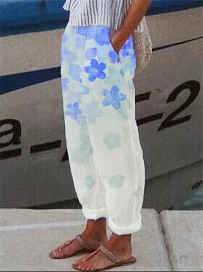Loose Cotton Linen Pocket Print Casual Women's Pants
