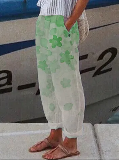 Loose Cotton Linen Pocket Print Casual Women's Pants