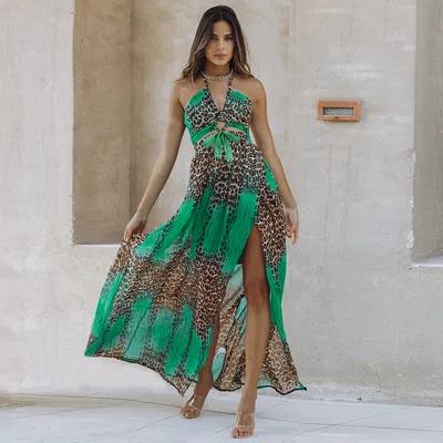 Leopard Print Backless Dress Bohemian Women