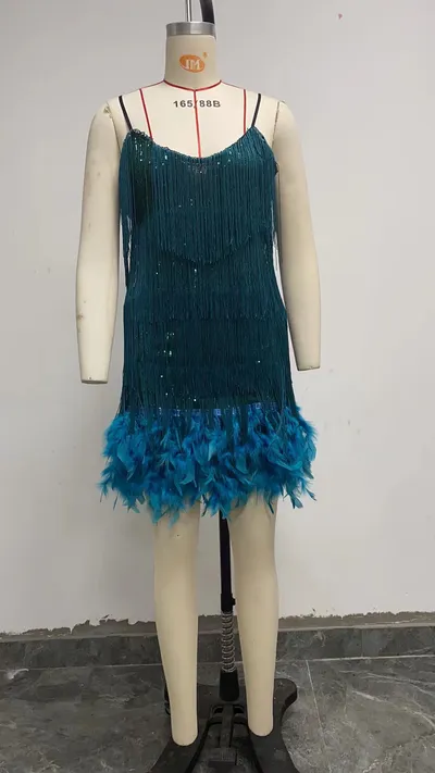 Sexy Tassel Sequins Feather Summer Mini Dress Women V Neck Spaghetti Strap Stitching Dresses Female Elegant Evening Party Club Dress