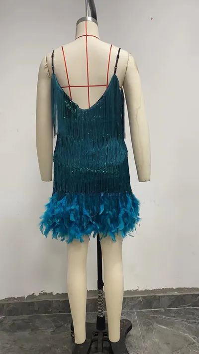 Sexy Tassel Sequins Feather Summer Mini Dress Women V Neck Spaghetti Strap Stitching Dresses Female Elegant Evening Party Club Dress