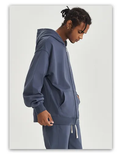 Autumn And Winter 450g Terry Loose Fashion Brand Zipper Hooded Sweater Solid Color