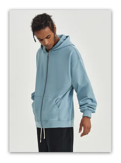 Autumn And Winter 450g Terry Loose Fashion Brand Zipper Hooded Sweater Solid Color