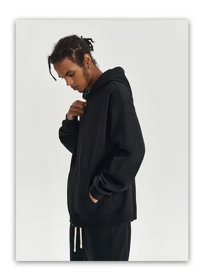 Autumn And Winter 450g Terry Loose Fashion Brand Zipper Hooded Sweater Solid Color