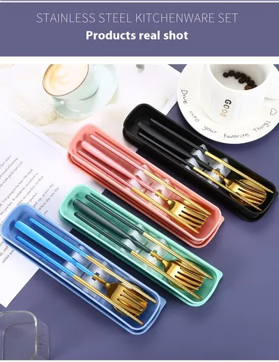 Stainless Steel Portable Tableware Student Spoon Fork Including Chopsticks Storage Set