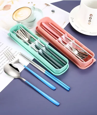 Stainless Steel Portable Tableware Student Spoon Fork Including Chopsticks Storage Set