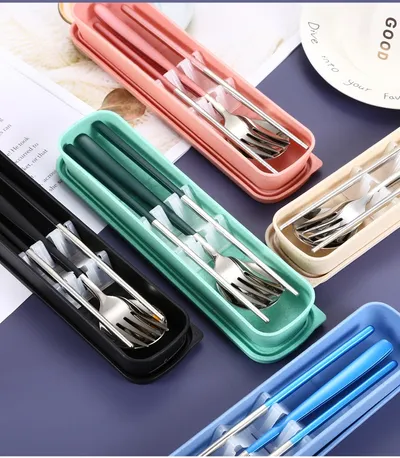 Stainless Steel Portable Tableware Student Spoon Fork Including Chopsticks Storage Set