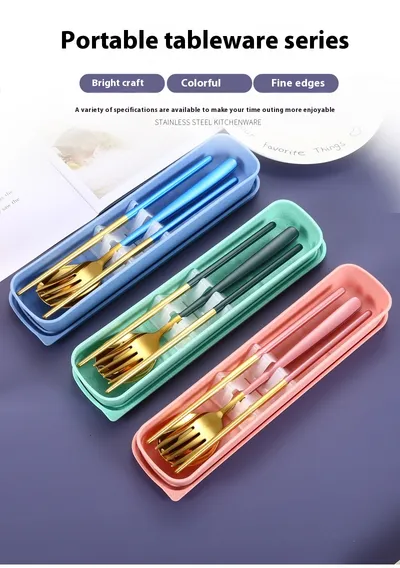 Stainless Steel Portable Tableware Student Spoon Fork Including Chopsticks Storage Set