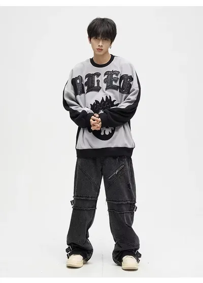 Lace-up Zipper Jeans Vintage Distressed Straight Loose Pants