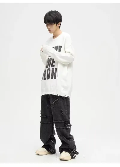 Lace-up Zipper Jeans Vintage Distressed Straight Loose Pants